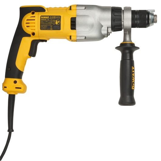 A yellow and black DEWALT corded electric drill with a side handle, designed for heavy-duty use.