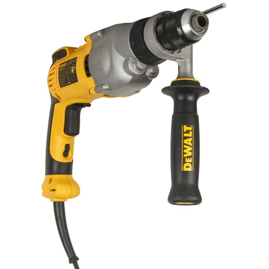 A DEWALT corded electric drill with a side handle and a yellow and black design.
