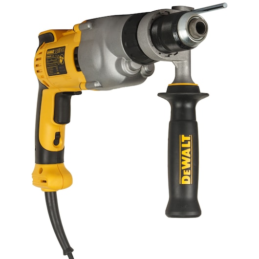 A DEWALT corded electric drill with a side handle for enhanced stability, designed for heavy-duty drilling tasks.