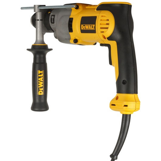 A DEWALT DWD524KS corded electric drill with a side handle and black and yellow casing.