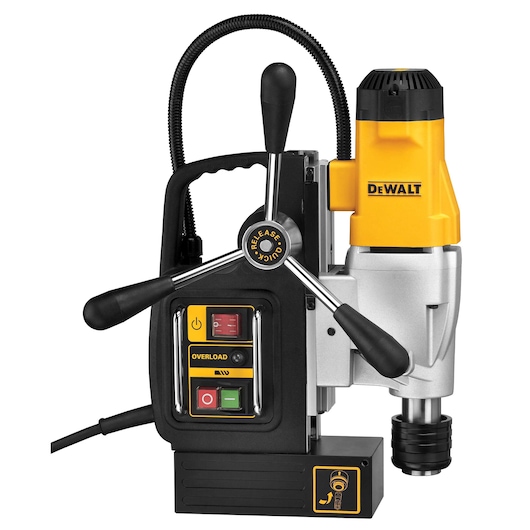 A DEWALT DWE1622K magnetic drill press, featuring a yellow and black body, control switches on the front, and a handle for operation.