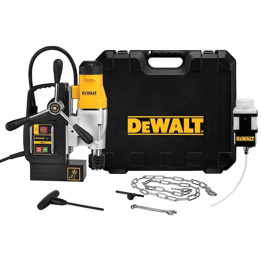 A DEWALT DWE1622K magnetic drill press kit shown with its accessories, including a black carrying case with the DEWALT logo, a magnetic drill press machine, lubricant bottle, chain, wrench, and other tool components.