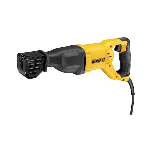 A yellow and black corded reciprocating saw, branded DEWALT, shown against a white background.
