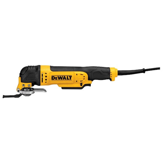 A DEWALT DWE315K oscillating multi-tool with a yellow and black body and an attached cutting blade, shown against a white background.