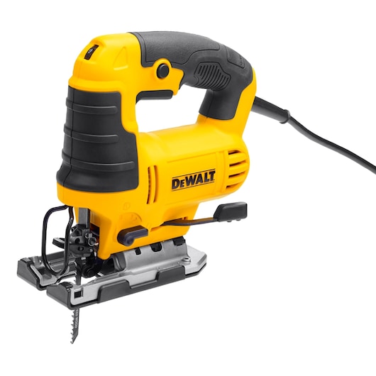 A yellow and black DEWALT electric jigsaw with a cord, designed for cutting wood and other materials.
