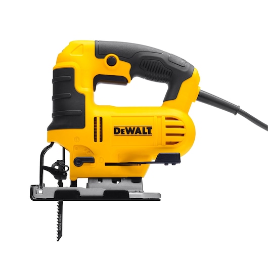 A DEWALT branded yellow and black electric jigsaw with a cord, featuring a sturdy handle and a visible saw blade attached at the bottom.