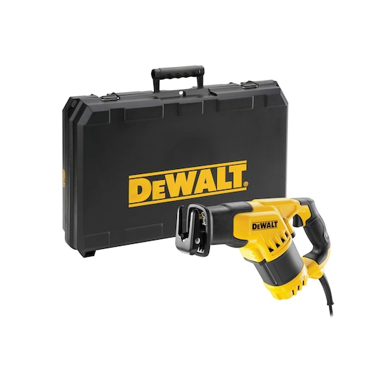 A yellow and black DEWALT reciprocating saw with a black carrying case, both featuring the DEWALT logo.
