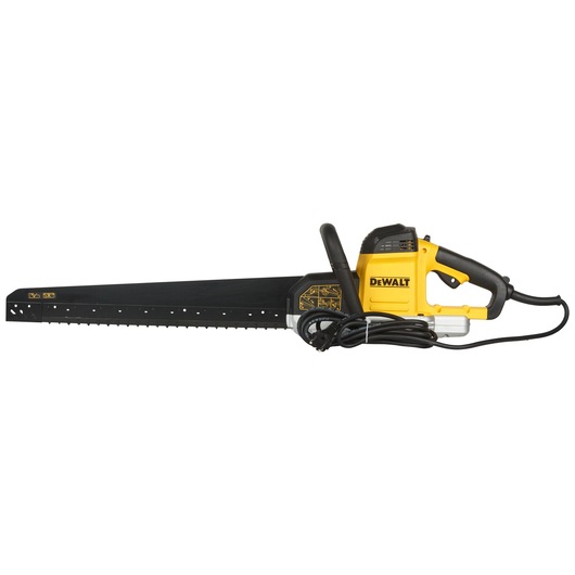 A DEWALT electric alligator saw with a black blade and yellow and black handle, shown with its power cord coiled.