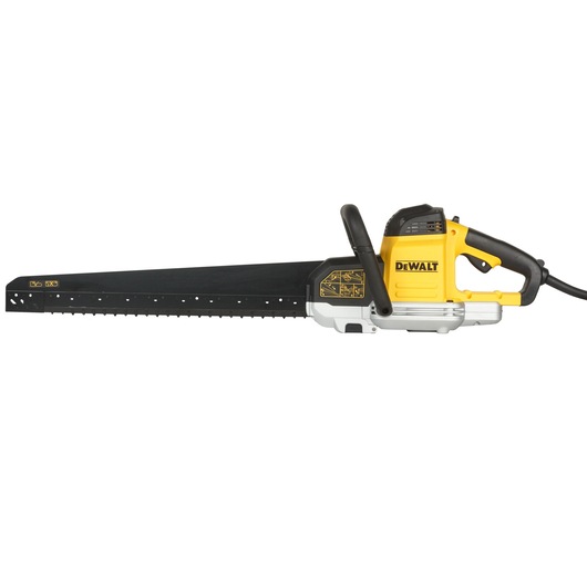 A DEWALT electric wall saw with a long black blade and yellow and black handle, designed for cutting masonry or concrete.