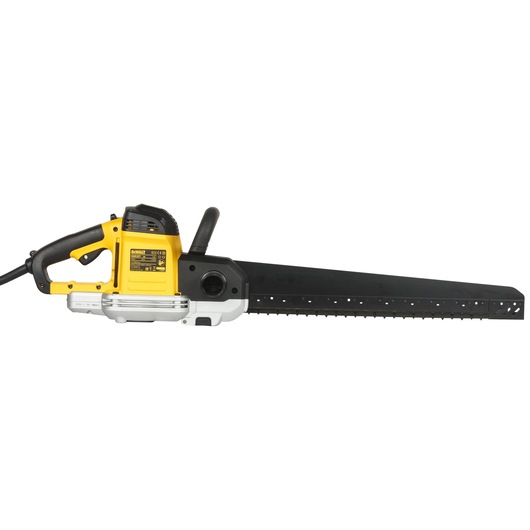 A DEWALT electric alligator saw with a yellow and black handle, shown from the side with a long black blade. The tool is designed for cutting materials such as wood or insulation.