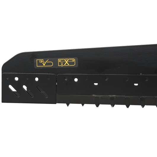 Close-up image of a black metal component with several holes, slots, and pointed teeth at the bottom edge. The upper part of the component displays two yellow safety instruction icons; one shows a correct usage check mark, and the other an incorrect usage cross.