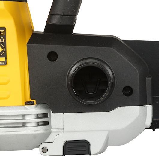 Close-up image of the DEWALT DWE397-QS power tool showing the side view with visible handle and a circular opening, featuring yellow and black color with silver metallic accents.