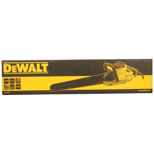 DEWALT DWE397-QS power tool packaging box, featuring an image of the electric saw and product specifications, in yellow and black colors.