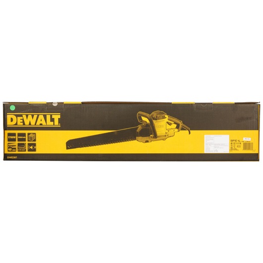 DEWALT DWE397 electric saw in its original packaging, featuring yellow and black branding with product specifications and an image of the saw on the box.