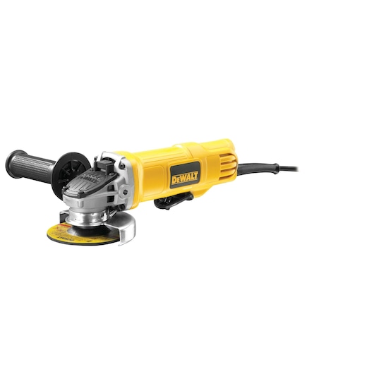 A yellow DEWALT electric angle grinder with a black handle and power cord, shown on a white background.
