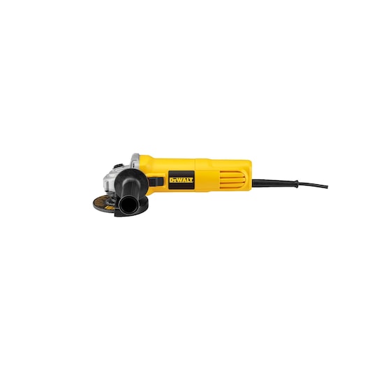 A yellow and black DEWALT angle grinder with a side handle and power cord, positioned against a white background.