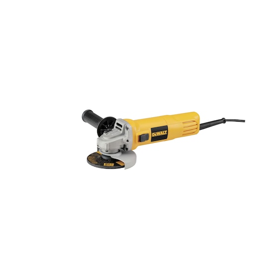 A yellow DEWALT angle grinder with a black side handle, a power cord, and a protective guard around the grinding wheel.