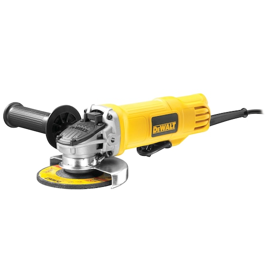 A yellow DEWALT DWE4120 angle grinder with a side handle and an attached abrasive disc, shown on a white background.