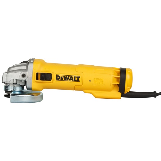 A yellow DeWalt angle grinder with a black cord, model DWE4215, shown on a white background.