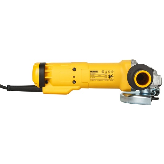 A yellow DEWALT DWE4215 angle grinder with a side handle and safety guard, shown in a horizontal position against a white background.