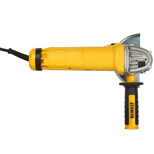 A yellow DEWALT angle grinder with a black handle and cord, shown from the side.