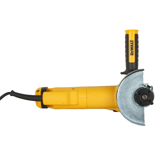A yellow DEWALT angle grinder with a protective metal guard and a side handle, photographed on a white background.