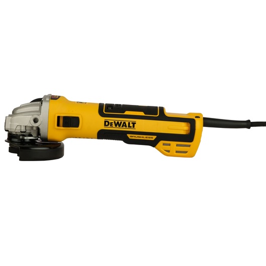 A yellow and black DEWALT brushless angle grinder with a cord, shown in a side view against a white background.