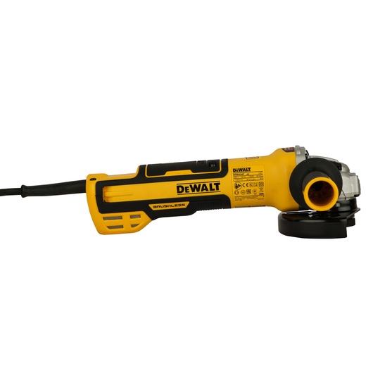 A yellow and black DEWALT brushless angle grinder with a side handle, seen from the side against a white background.