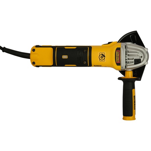 A DEWALT corded angle grinder with a yellow and black handle, side handle for grip, and a protective guard around the grinding disc.