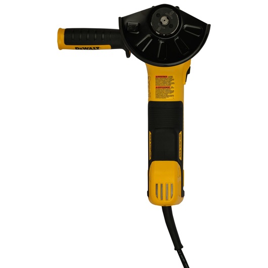A DEWALT DWE4347 angle grinder, shown from above. The tool features a black and yellow design with a side handle and power cord.