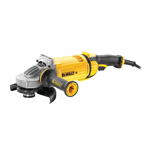 A DEWALT-branded yellow and black angle grinder with side handle and power cord, shown on a white background.