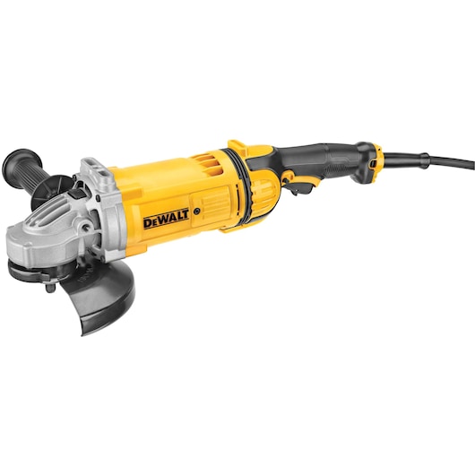 A yellow and black DEWALT angle grinder with a side handle and power cord, shown on a white background.