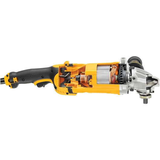 Cross-sectional view of a DEWALT power tool, showing internal mechanical parts, wiring, and motor components with a yellow and black exterior.