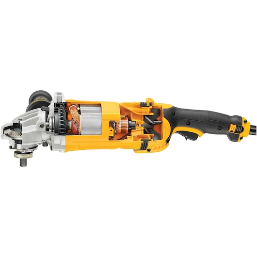 A cross-sectional view of a DEWALT DWE4557 angle grinder, showing the inner mechanical and electrical components inside its yellow and black casing.