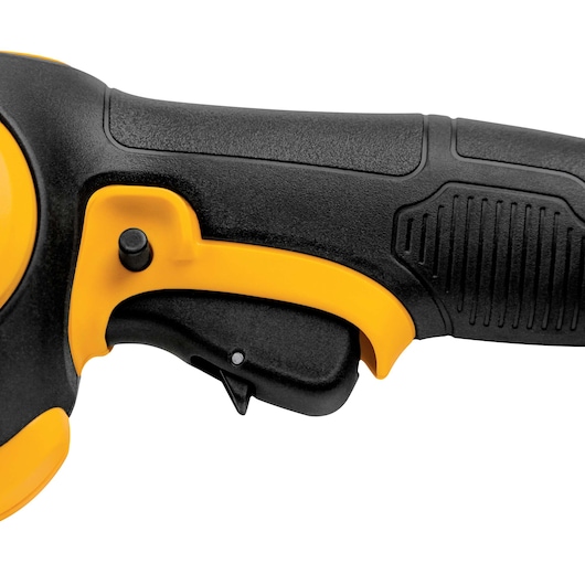 Close-up of a black and yellow DEWALT power tool handle with a textured grip and trigger.