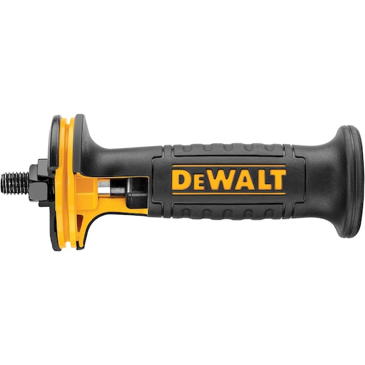 A DEWALT branded black and yellow side handle attachment, likely for a power tool such as an angle grinder, shown on a white background.