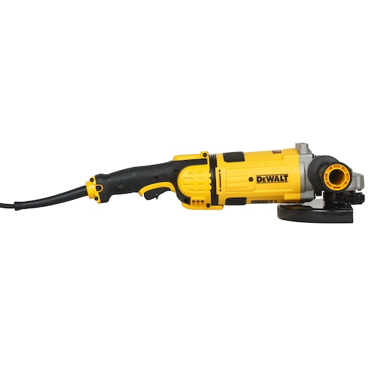 A DEWALT branded electric angle grinder with a yellow and black body, shown horizontally with its power cord extended to the left and grinding wheel on the right.
