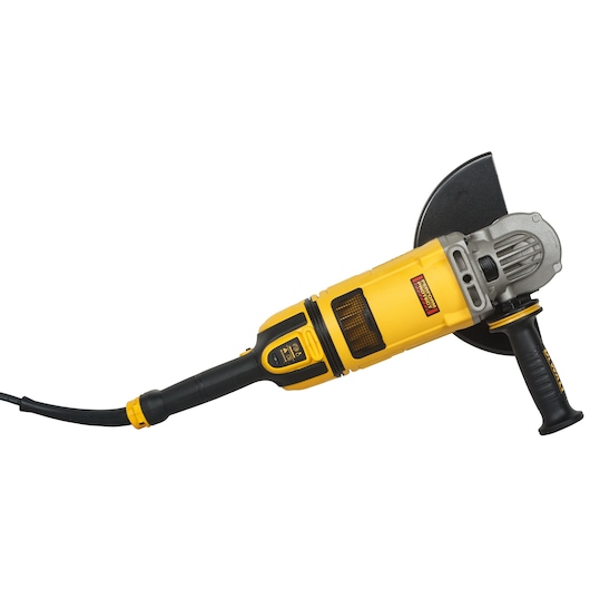 A yellow and black DEWALT electric angle grinder with a side handle, power cord, and protective guard.