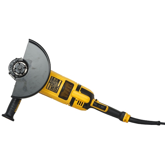 A yellow and black DEWALT angle grinder with a side handle and a protective guard around the grinding disc, shown against a white background.