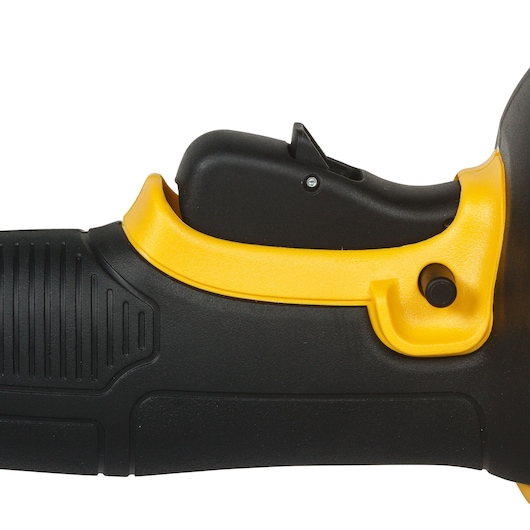Close-up of the handle and trigger of a DEWALT power tool, featuring a black and yellow design.