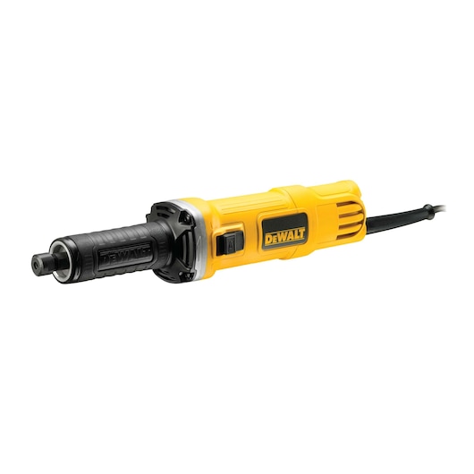 A yellow and black DEWALT electric die grinder, showing its cylindrical design with a power cord attached.