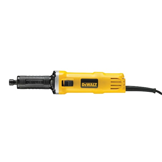A DEWALT DWE4884 electric die grinder featuring a yellow and black body, shown against a white background.