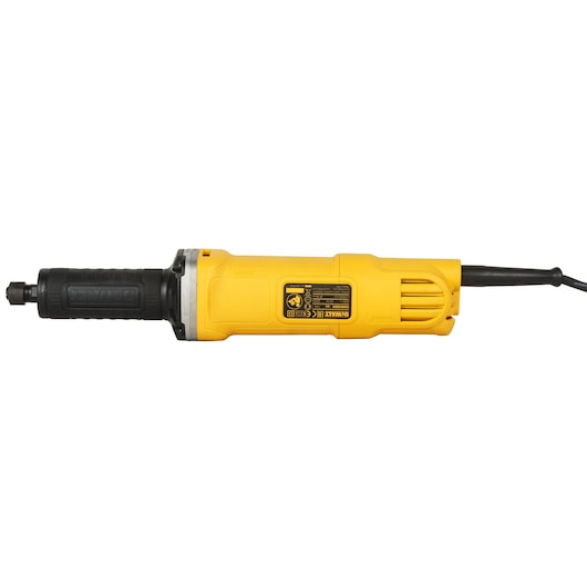 A yellow and black DEWALT electric die grinder with a cylindrical body and a cord, shown in a side view on a white background.