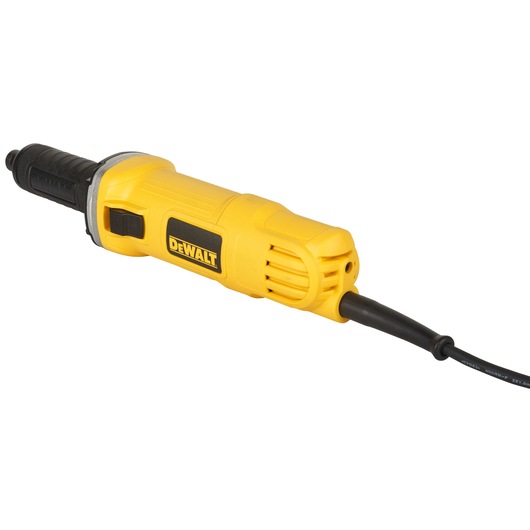 A DEWALT DWE4884 electric die grinder tool with a yellow and black body, connected to a power cord, shown on a white background.