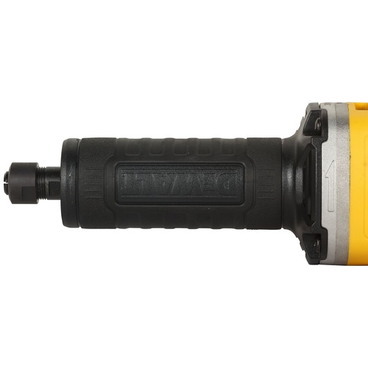 Close-up of a DEWALT DWE4884 electric die grinder, showing the black handle and spindle.