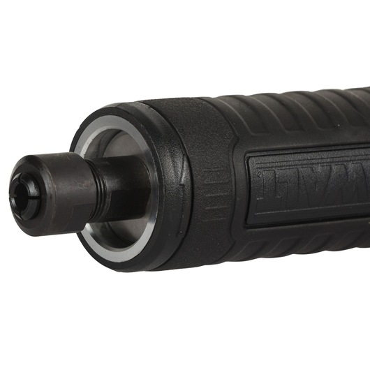 Close-up of a DEWALT power tool showing the front end with a metal collet and textured black casing.