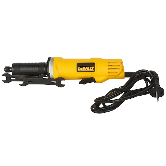 A yellow DEWALT electric die grinder with a black cord and two metal wrenches attached, designed for grinding and polishing applications.