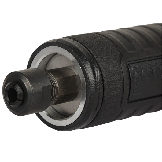 Close-up view of the front end of a DEWALT DWE4887N die grinder showing the metal collet and textured black body.