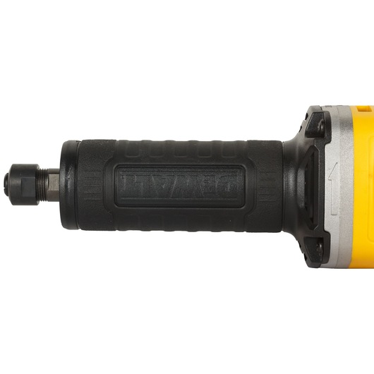 Close-up view of the DEWALT DWE4887N die grinder, showing the black grip handle and metal collet, with part of the yellow body visible on the right.