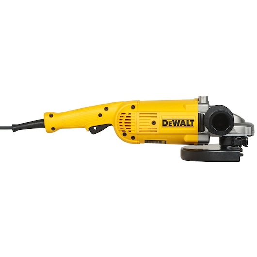 A DEWALT DWE492 yellow angle grinder with a black handle and disc, shown in a side view on a white background.